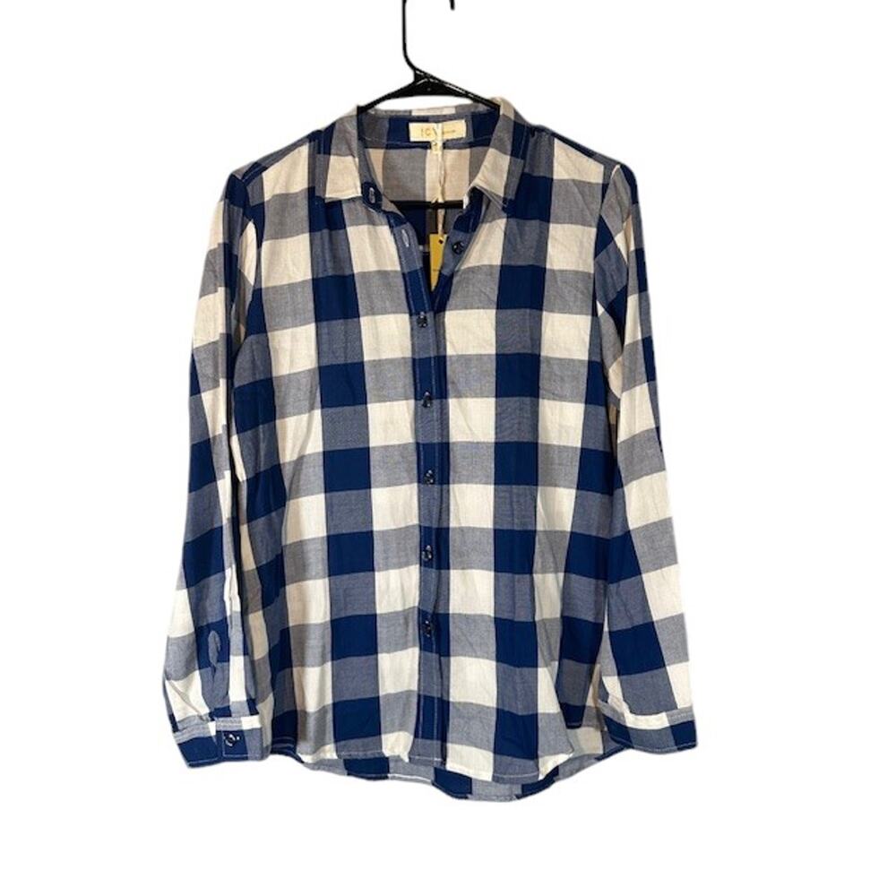 ICY Blue White Plaid Collared Long Sleeve Cotton Button Down Shirt Women Sz M